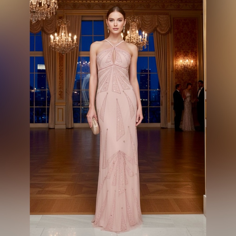 Elegant Pink hand beaded Evening Gown‎
